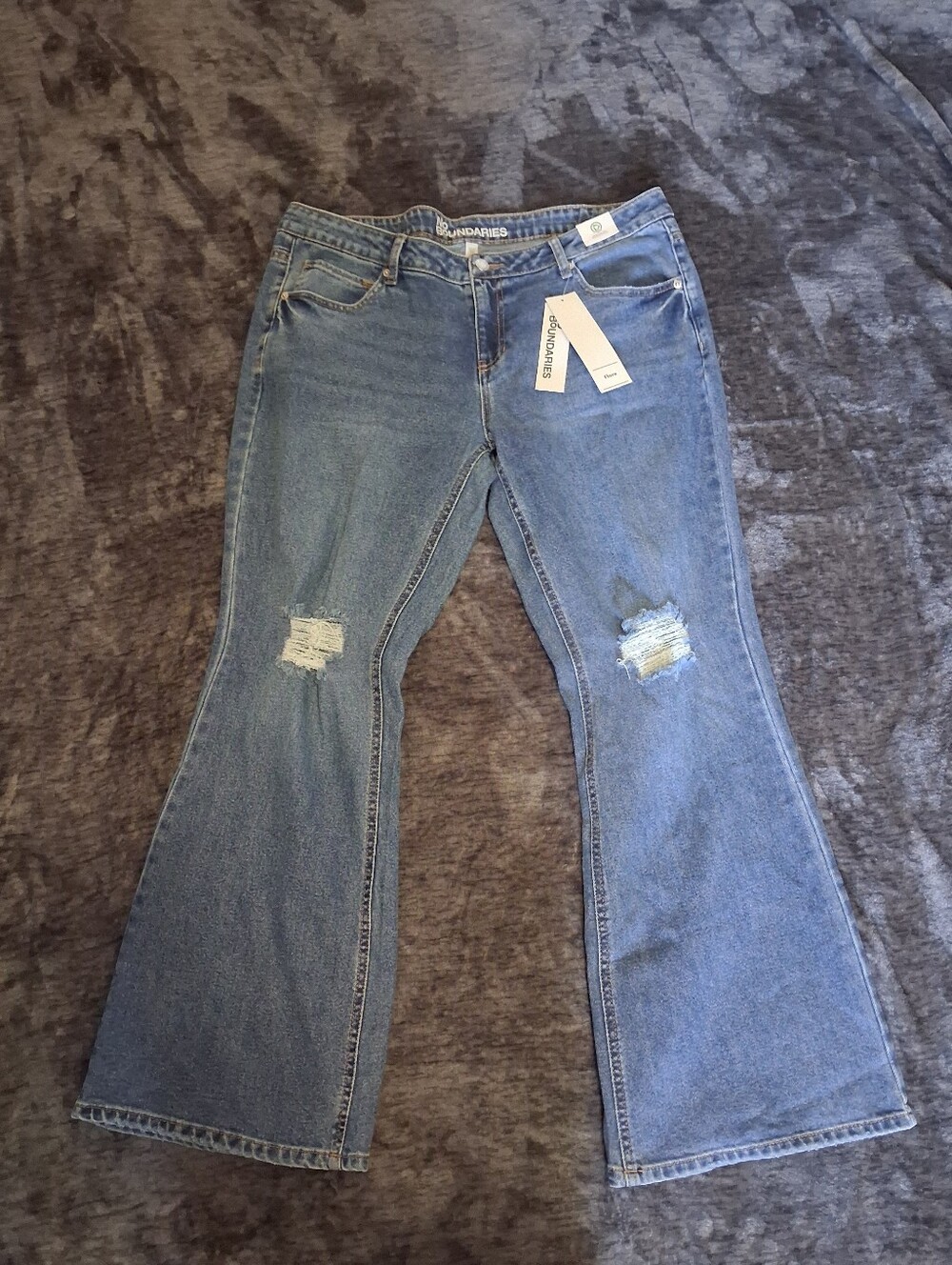 NWT No Boundaries Distressed Flare Denim Blue Jeans Womens Size 14